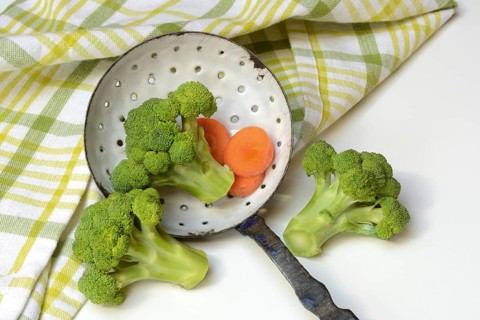 Broccoli in sieve trowel and carrot slices, Brassica oleracea var. italica