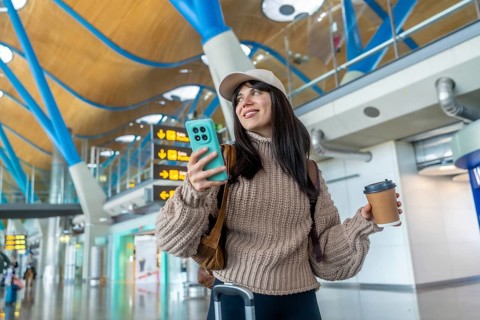 Young woman carrying luggage, holding a mobile phone and coffee cup, smiling and looking away while