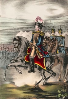 General Winfield Scott in military uniform with a distinctive plumed hat on horseback. The Battle