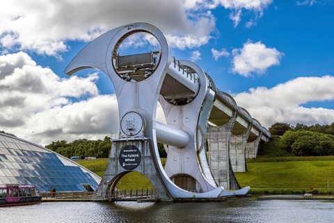 The Falkirk Wheel is the world's only rotating boat lift, connecting Scotland's Forth and Clyde