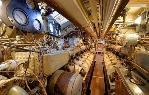 Museum submarine H.M.S.Otus. engine room. Sassnitz, Mecklenburg-Western Pomerania, Germany