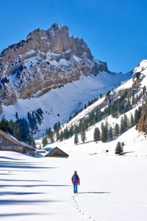 Woman hiking in the snowy mountain landscape of the Alpstein Säntis mountain range, Brülisau,