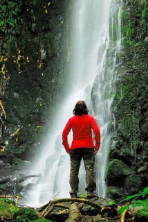 Woman at Matai Falls, Catlins Forest Park, Otago, South Island, New Zealand, Otago, South Island,