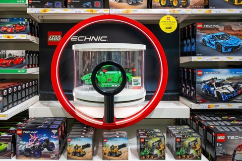 Lego Technic racing cars and excavators sales rack, Dubai, United Arab Emirates, UAE
