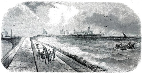A 19th-century woodcut depicting the breakwater in Venice, Italy. In the foreground is a cobbled
