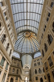 Galleria Umberto I, interior view with glass roofs and dome, historic shopping arcade, Naples,