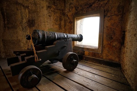 Interior view, cannon in Tudor Gun Tower, Donjon, residential defence tower, defensive tower, St