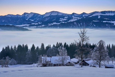Moodx sunrise over the mountains of the Nagelfluh mountain chain in the Allgaeu Alps with Hochgrat