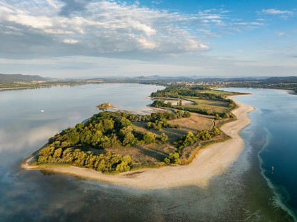 Aerial view of the Mettnau peninsula near Radolfzell on Lake Constance at historic lows, low tide