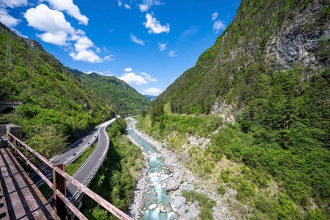 Fella river and motorway, Eisental, mountainous landscape, Julian Alps, Alpe-Adriatic cycle path,