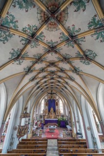 Interior with Gothic mesh vault and high altar, Holy Trinity parish church, founded in 1364,