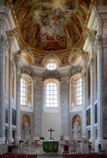 Interior view, chancel, altar, ceiling, ceiling fresco, Protestant town church, Ellwangen (Jagst),