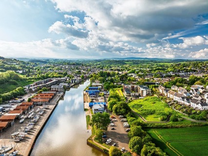 Totnes over River Dart from a drone, Devon, England, United Kingdom
