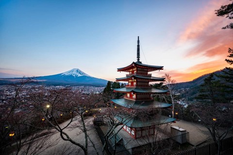 Five-story pagoda of a Shinto Shrine, Chureito Pagoda, with views of Fujiyoshida City and Mount