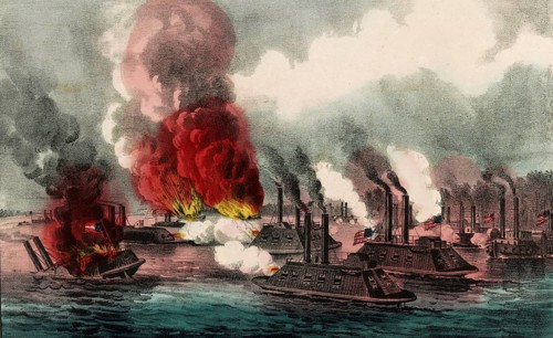 The naval battle of Plum Point Bend, near Fort Pillow/Fort Wright, during the American Civil War on