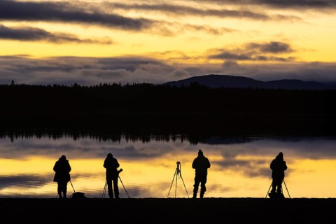 Nature photographers shoot a sunset on Loch Morlich in Scotland, Aviemore, Scotland, Great Britain