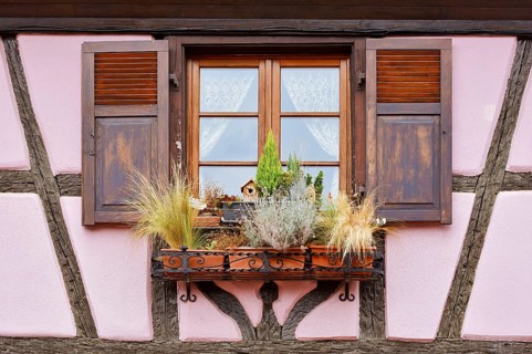 Half-timbered house house, window with shutters, Turckheim, Haut-Rhin, Alsace, Grand Est, France