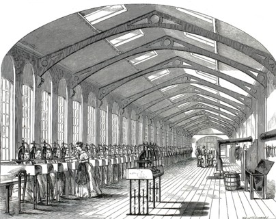 Historical illustration from 1859 shows the industrial production of metal springs in a factory.