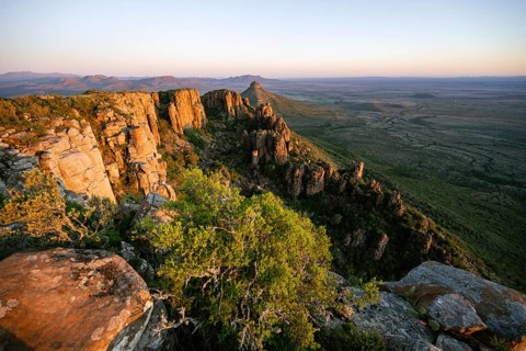 View of the Valley of Desolation at sunset, eroded rock needles from Dolorit, Camdeboo National