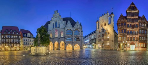 Market square illuminates panorama of Hildesheim Germany