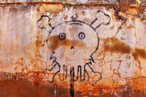 Sketch-like skull with bones on a rough, rusty concrete wall, painted skull on a wall