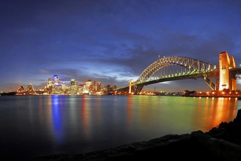 Sydney skyline with Sydney Opera and Harbour Bridge during blue hour, Sydney, New South Wales,