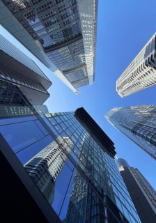 Frog's eye view of skyscrapers in the banking district, Four Frankfurt, Frankfurt am Main, Hesse,