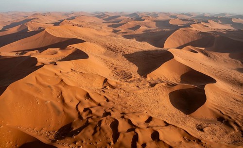 Aerial view, evening mood, red sand dunes of the Namib Desert, Namib Naukluft Park, Namibia
