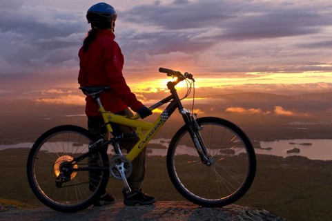 Mountain biker in the midnight sun, Gällivare, Lapland, Sweden, Scandinavia, Europe bike biker