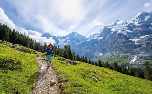 Hikers on a hiking trail on Mettlenalp, mountain panorama with peaks Eiger, Mönch and Jungfrau,