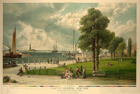 View of Battery Park and Castle Garden in Manhattan with walking people, trees, benches and views