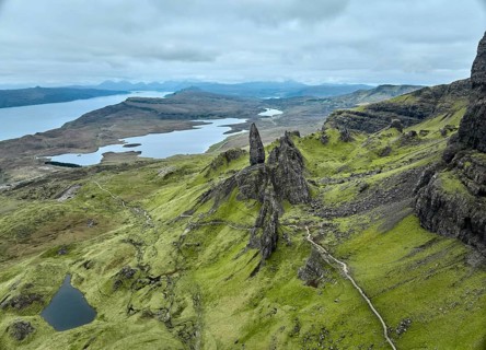 Aerial photo of the wild and rocky landscape at the Old man of Storr on the Isle of Skye, Scotland,