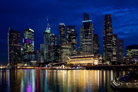 Singapore skyline at night, Asia, Malaysia, Singapore