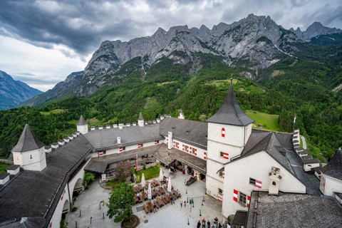Castle with courtyard, mountain peaks of the Tennengebirge Mountains at the back, Hohenwerfen