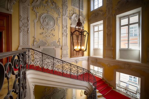 Interior view stairwell, stairway, staircase, Stadtpalais Palais Preysing, also Preysing Palace,