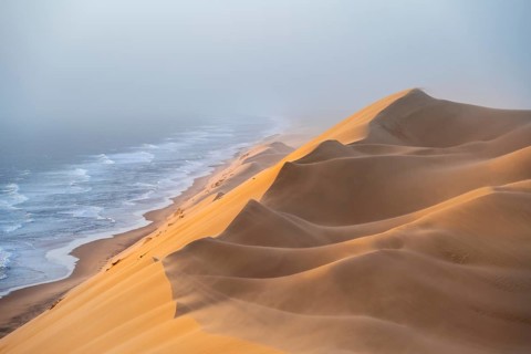 Sand dunes and sea in evening light, wind blowing sand across the dunes, view of the Atlantic coast