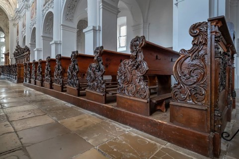Decoratively carved cheeks of church pews, Baumgartenberg Abbey and Parish Church, Gothic