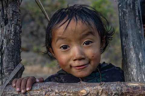 Portrait, small hunge looking through fence, local of the Tsumba Tibetan ethnic group, Tsum Valley,