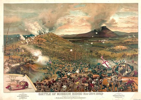 Color lithograph depicts the attack by Union troops during the Battle of Missionary Ridge on