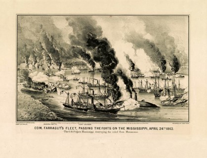 This historic print by Currier & Ives from 1862 shows the squadron of Commodore David G. Farragut