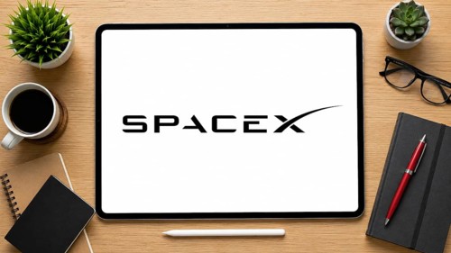 In this photo illustration, an iPad displays the Spacex logo on a minimalist wooden office desk, in
