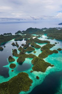 Aerial view of tropical islands and turquoise lagoons, Wayag Archipelagio, West Papua, Indonesia