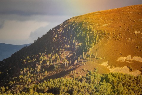 View through a rainbow from Cairngorm Mountain in the Hihglands in Scotland, Aviemore, Scotland,