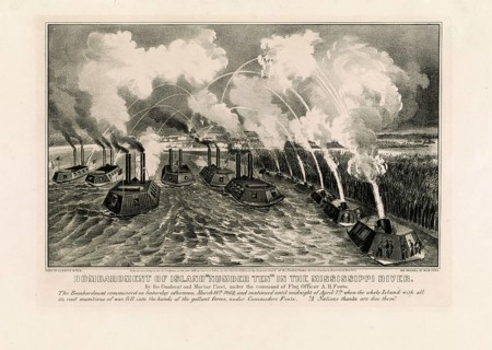 The shelling of Island Number Ten (Island No. 10) by the US river gunboat and mortar fleet during