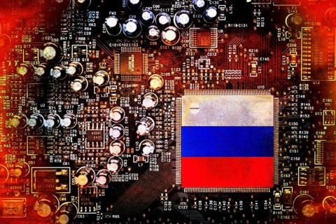 Flag of Russia on computer board, photo montage +++ editorial use only