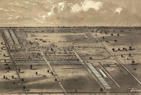 A bird's-eye view of Camp Chase near Columbus, Ohio, from the 1860s. During the American Civil War