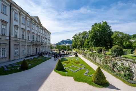 Mirabelle Garden with Pegasus Fountain and Mirabell Palace, near Hohensalzburg Fortress, Salzburg,