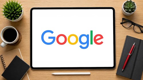 In this photo illustration, an iPad displays the Google logo on a minimalist wooden office desk, in