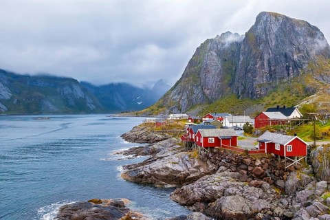 Lofoten, Flakstadoy island, historic fishing village Nusfjord, Norway, mountain range, fisherman's