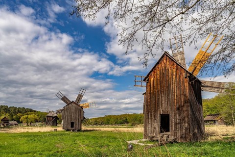 Historic traditional windmills in the ASTRA Museum of Traditional Folk Culture in Sibiu or Sibiu,